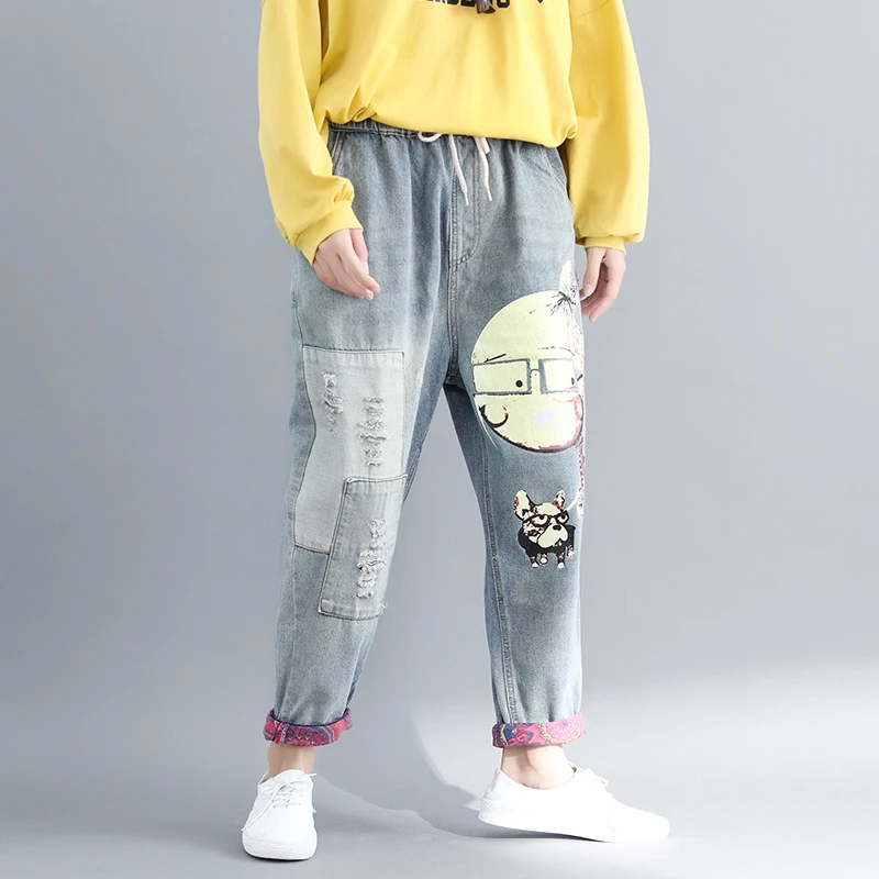 Женские винтажные джинсы с принтом повседневные потертые шаровары брюки для
