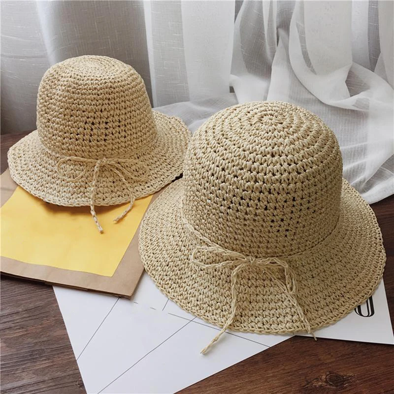 

Parent-Child Cap Floppy Straw Hat Women Kids Wide Brim Beach Sun Hat Foldable Handmade Straw Shade Anti Uv Cap