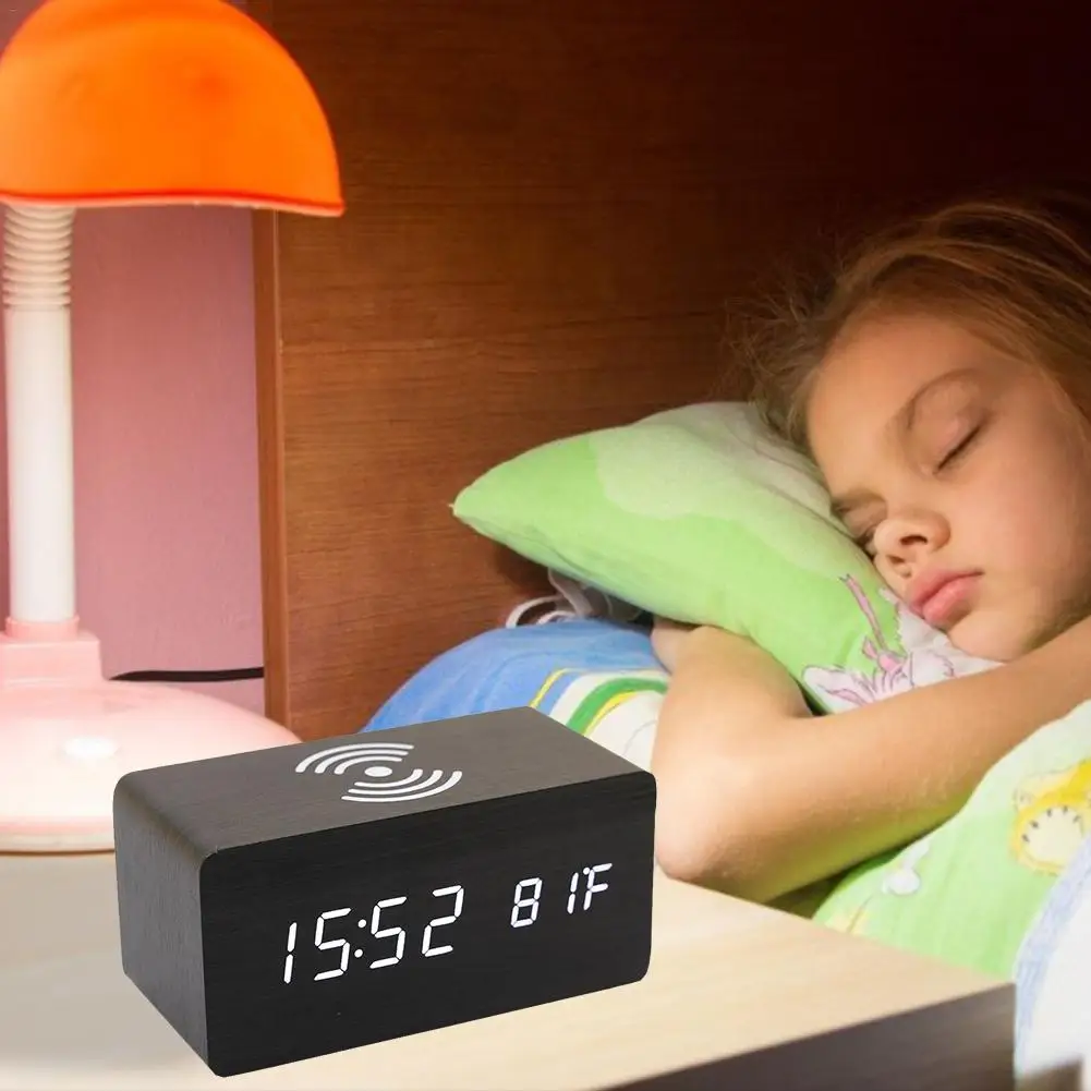 led wood night light electric digital alarm clock lamp multi function supports wireless harging of smart phones desk table lamp free global shipping