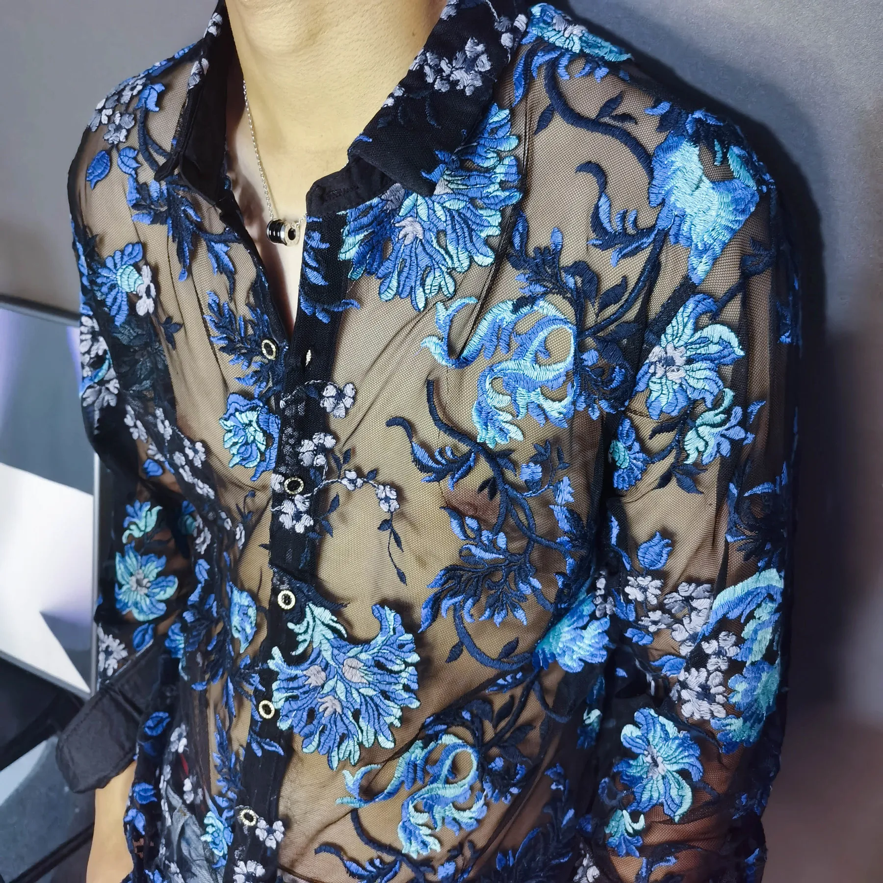 Мужская прозрачная сетчатая рубашка Chemise Homme роскошная Прозрачная Клубная с