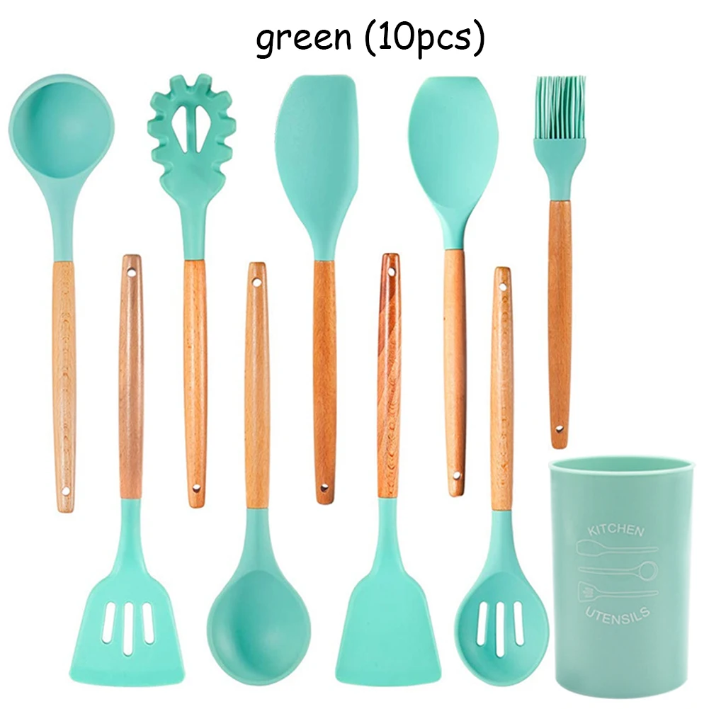 Light Green 10Pcs Антипригарная силиконовая кухонная утварь Пособия по кулинарии инструменты Кухня набор посуды с бамбуковыми ручками по Пособия по кулинарии инструмент не токсичный Кухня гаджеты 9/10/12 шт - Color: Light Green 10Pcs