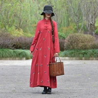 free shipping 2021 new fashion cotton linen fleece thick warm long maxi women long sleeve loose dress embroidery chinese style