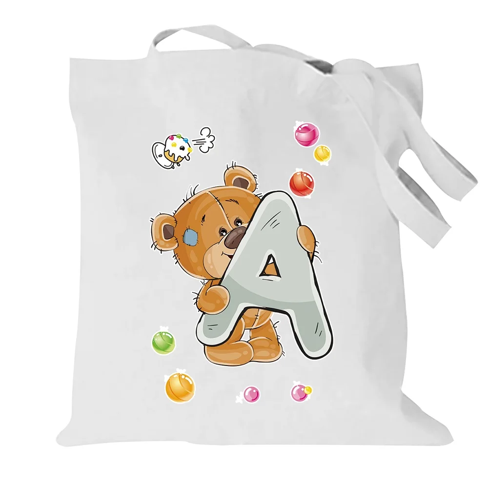 

Women Canvas Shopping Bag Foldable Bear Letters Pattern Shoulder Bag Eco Handbag Tote Reusable Grocery Shopper Bags
