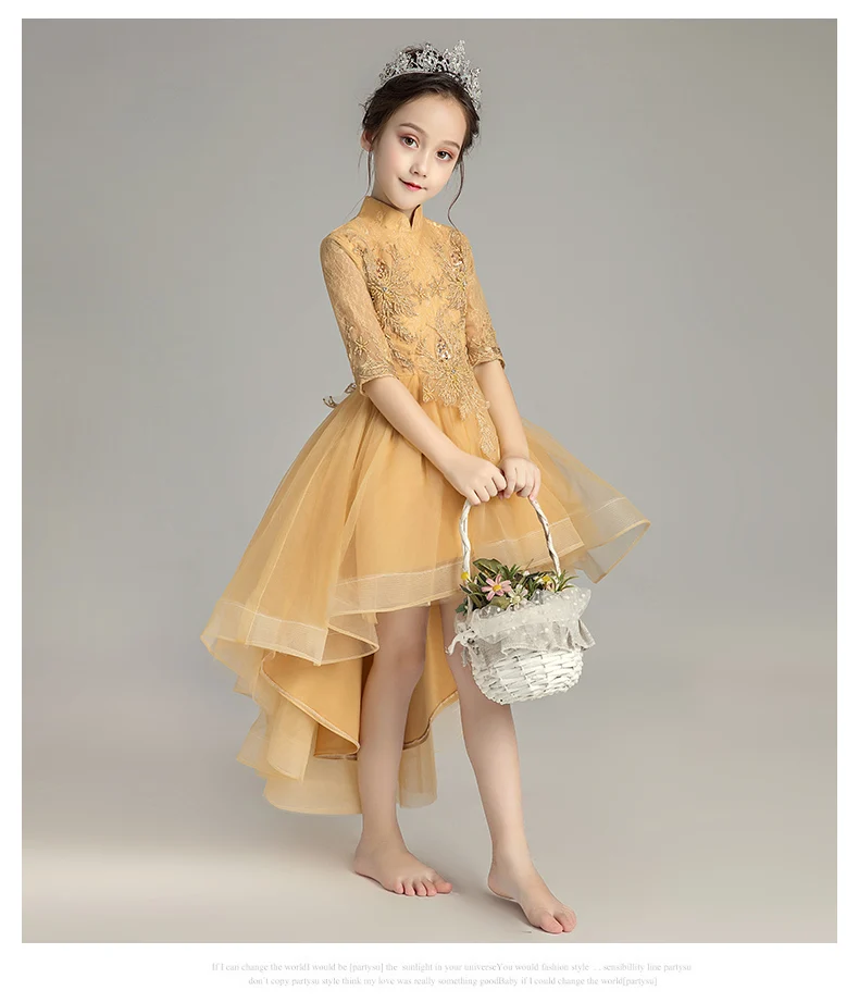 Детские кружевные платья принцессы с золотыми блестками и бусинами длинные