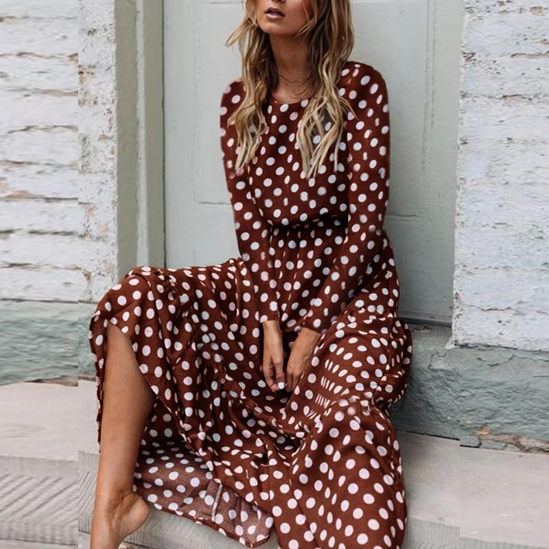Lipswag женское платье макси в горошек с оборками Boho Осень-зима Повседневные