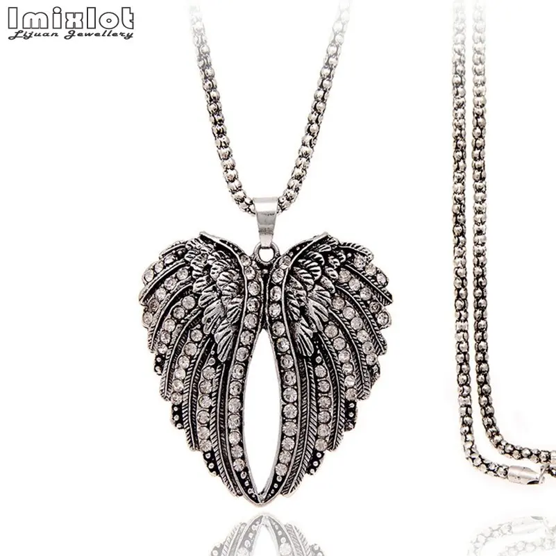 Ретро Стразы Крыло ангела сердце кулон ожерелье Модные украшения для женщин