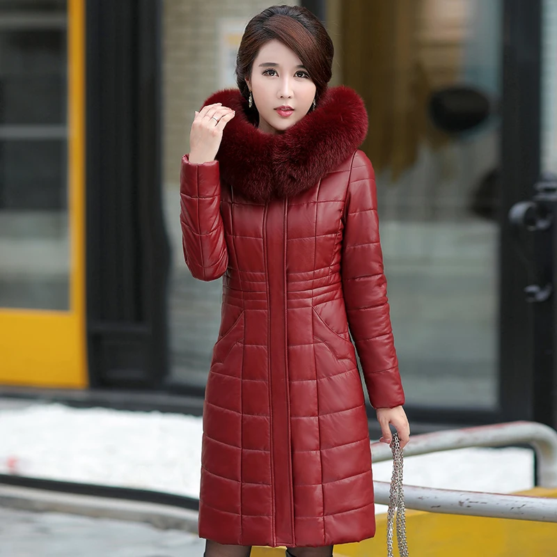 L-8XL New Women Long Leather Overcoat Winter 2022 Mother Sheepskin Coat Thicken Warm Fur Collar Hooded Jacket Outerwear Female