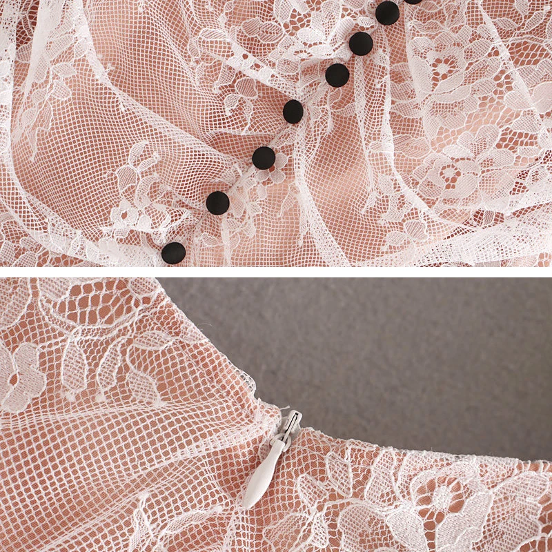 

Elegant Square collar Lace Dress Women 2020 Spring Puff sleeve Buttons Female Mini dress Slim Holiday style Sexy INKEO 9D024