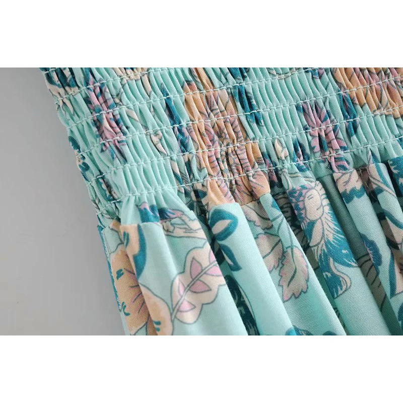 

Hstar Women Cotton Watermark Flowers and Birds Positioning Print Skirt Summer Female Elastic Waist Lace-up Split Dress Skirt