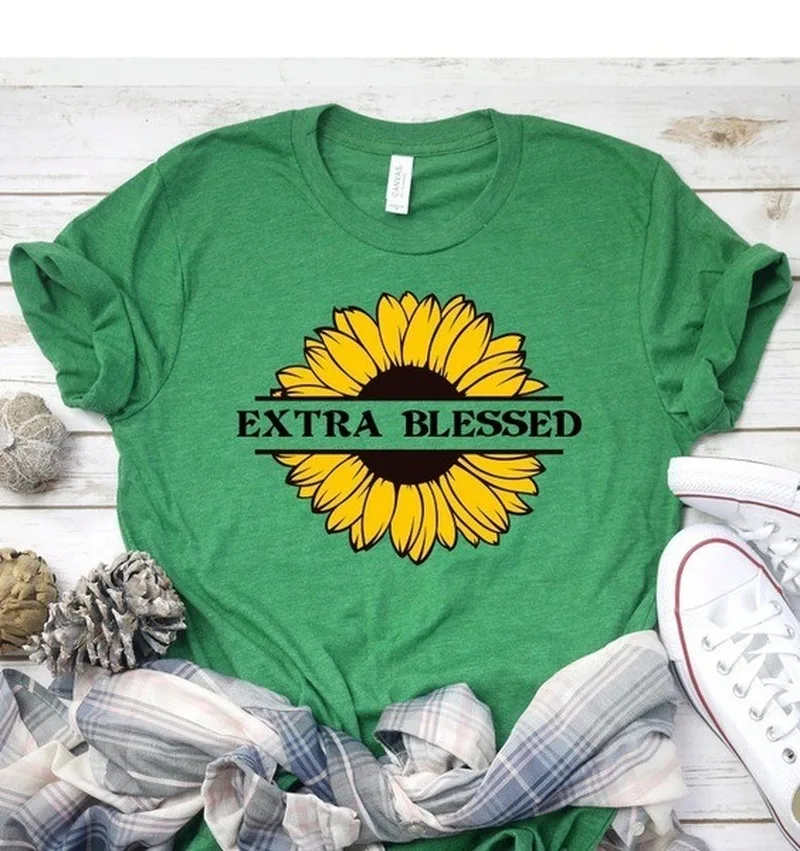 

Women T Shirt EXTRA BLESSED Sunflower Print Tshirt Women Short Sleeve O Neck Loose T-shirt Ladies Summer Causal Tee Shirt