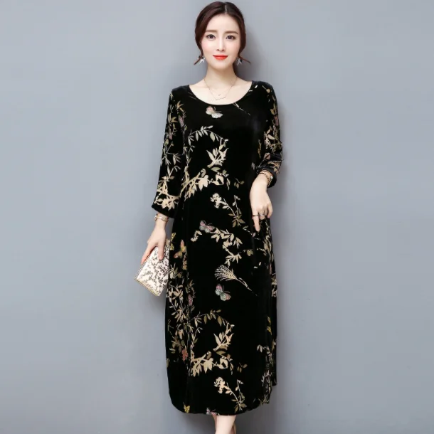 Осенне зимнее женское платье большого размера Золотое велюровое винтажное с