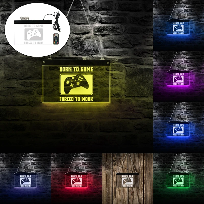 

Multi-color Hanging Tag Decorative Lights "Born To Game Forced To Work" Funny LED Light Playstation Lamp Neon Sign Gamer