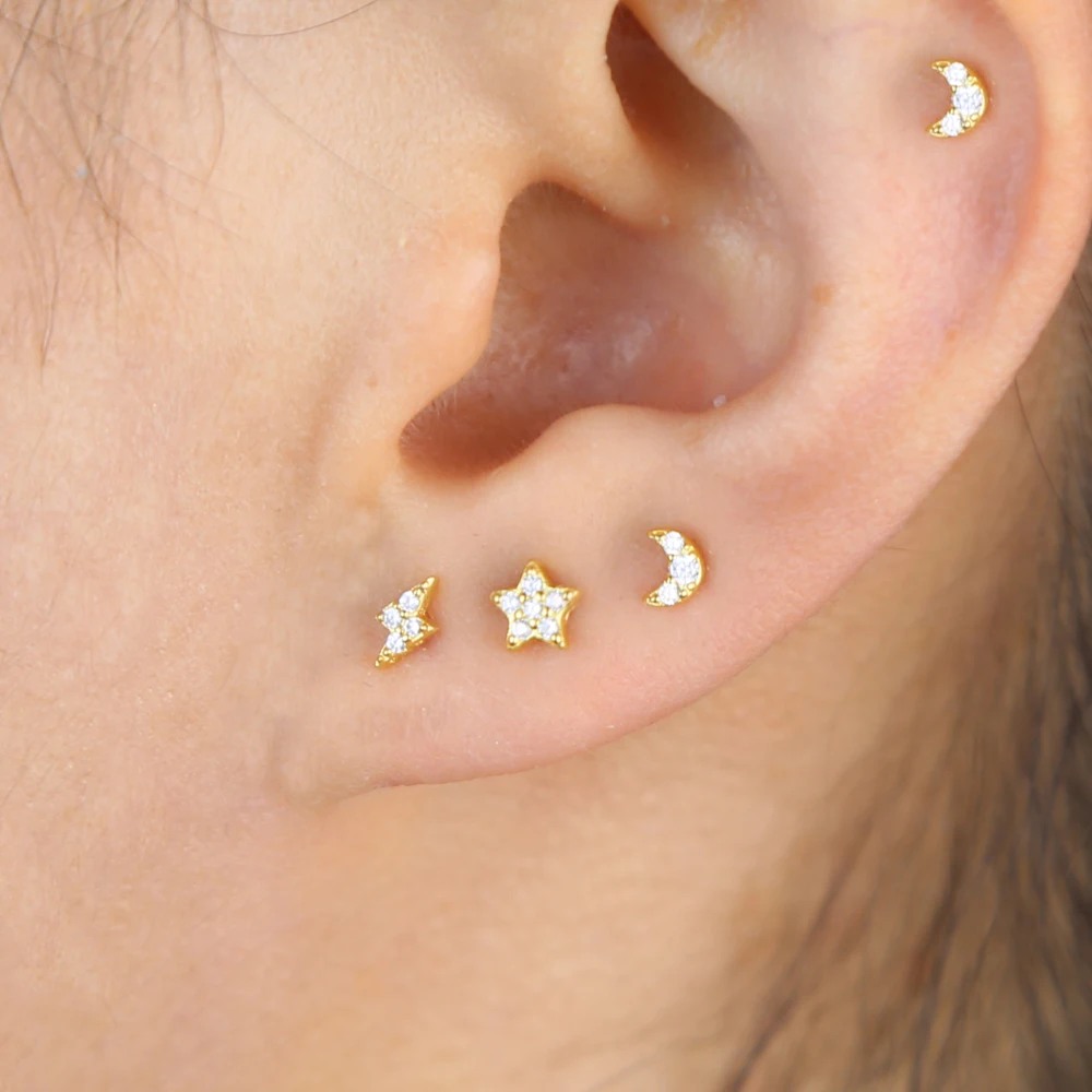 Summer New Fashion Minimal Minimalist Simple Small Moon Star Lightning Stud Earring For Women Cahrm 925 Sterling Trendy Jewelry | Украшения