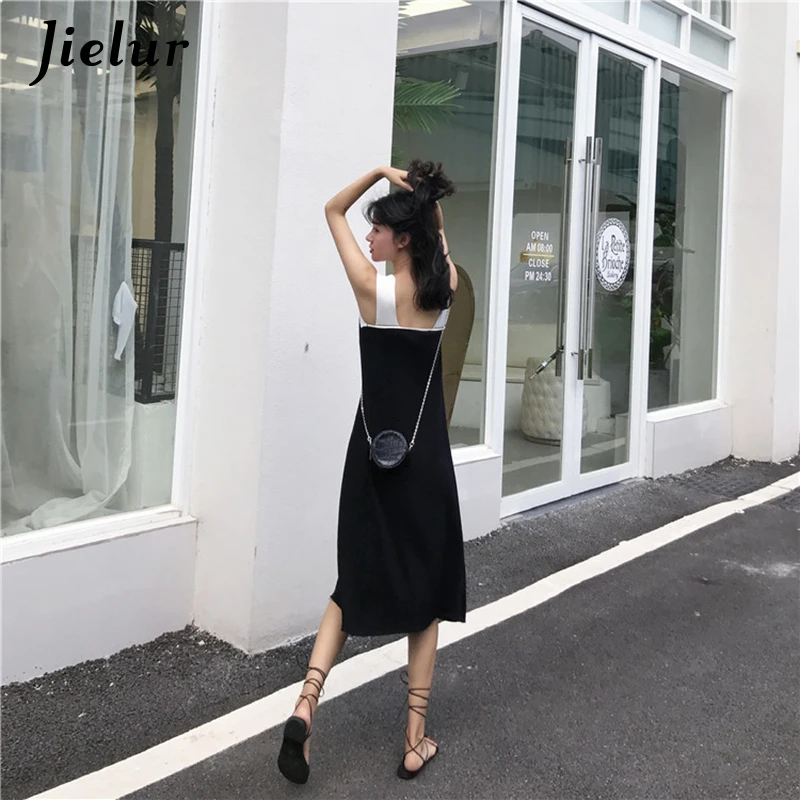 

Jielur Summer Dress 2020 Knitted Patchwork Color V-neck Sexy Dresses Slim Chic Vestidos A-line Women Dress New Robe Femme
