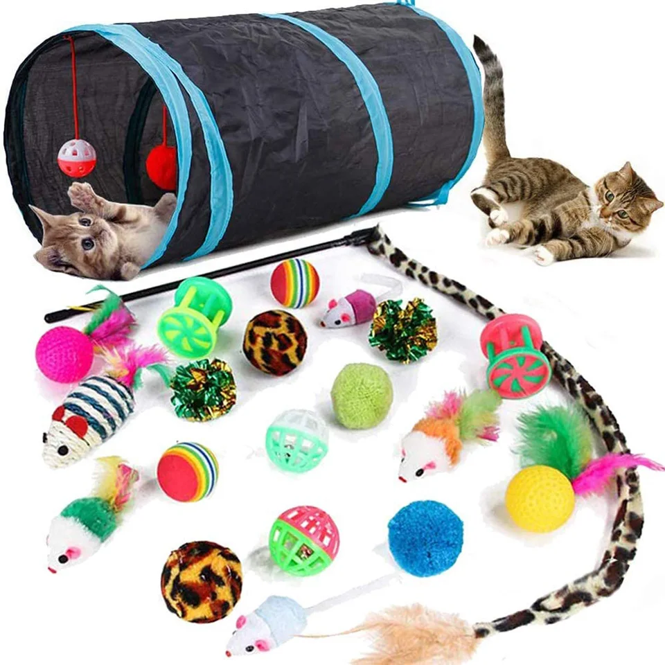 

21 Pcs Cat Toys for Indoor Cats Collapsible Cat Tunnel Interactive Feather Teaser Wand Ball Toy for Kitten Cats