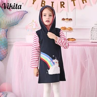 vikita kids hooded dresses children unicorn rainbow appliqued dress girls straight casual cotton dress children clothing 3 12yrs