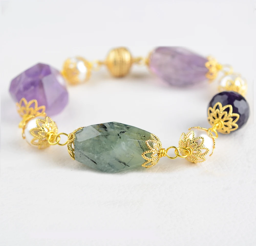 Белый морской жемчуг аметист прент каменный браслет с драгоценными