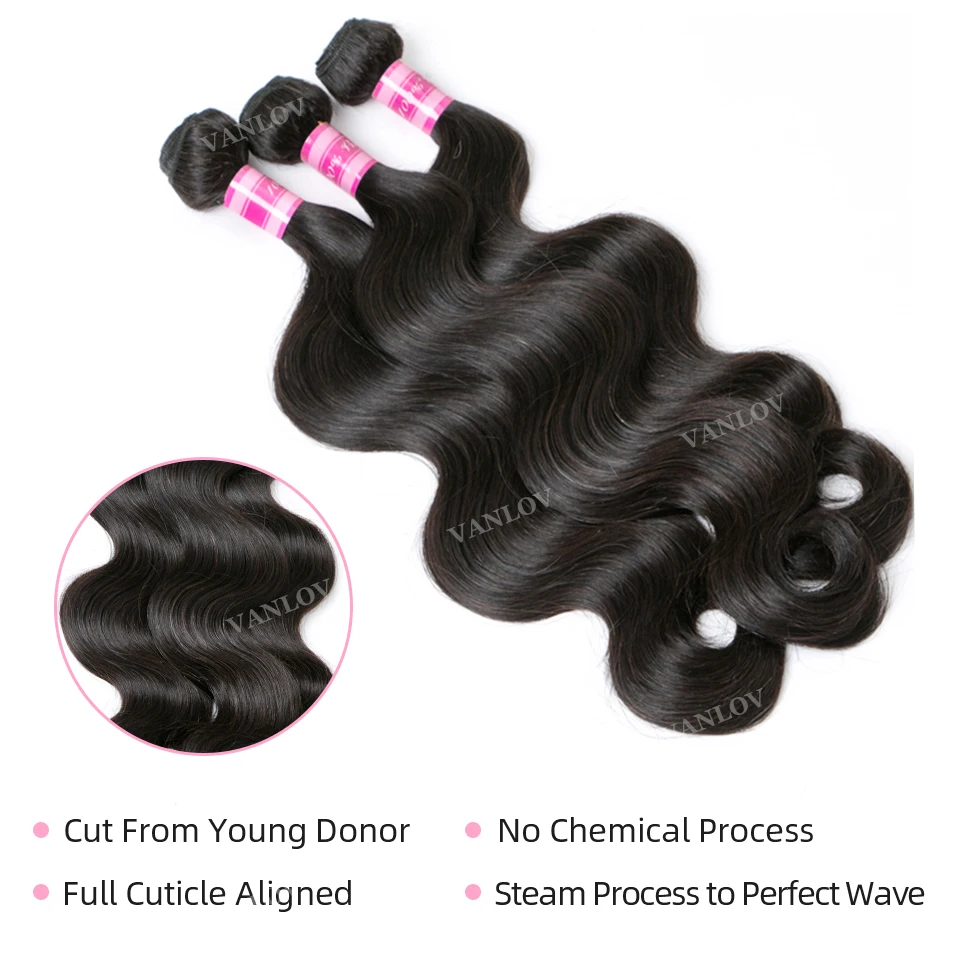 Vanlov Hair Peruvian Body Wave Human Bundles With Closure 4 4X4 Remy Jet Black 5 PCS/lot | Шиньоны и парики