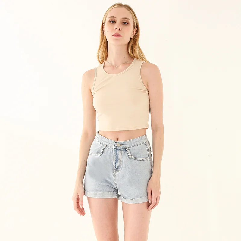 

Summer new ladies retro crop high waist slimming stretch slim short sleeveless bottoming top M30709