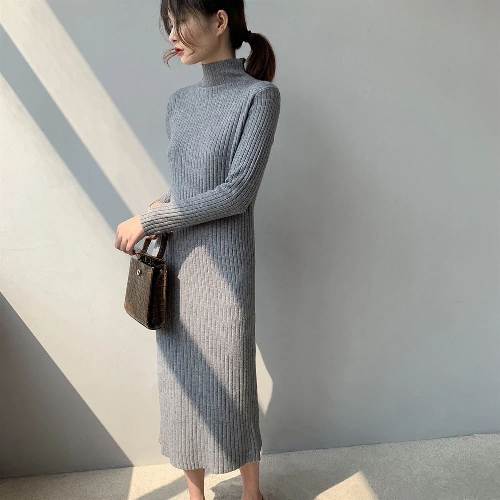 2019 вязанное осеннее платье-свитер с длинным рукавом женские пуловеры высоким