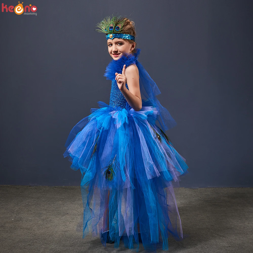 

Платье-пачка для девочек в виде павлина, с повязкой на голову