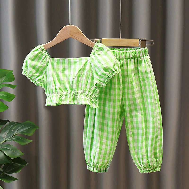 

Children's Clothing Sets Fashion Kids Clothes Summer Bubble Sleeve Waist Plaid Shirt + Trousers New Girl Sets