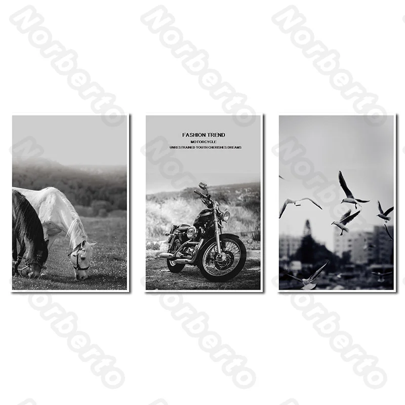 

Black and White Pictures Canvas Painting Wall Poster Horses Motorcycle Pigeons for Living Room Bedroom Restaurant Wall Decoratio