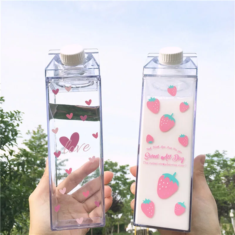 

Creative Cute Plastic Clear Milk Carton Water Bottle Fashion Strawberry Transparent Milk Box Juice Water Cup For Girls BPA Free