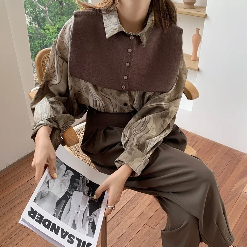 

2021 New Fashion Retro Women Inkjet Art Two-piece Shirt + High Waist Slim Pants Spring and Autumn Suit Button Office Lady