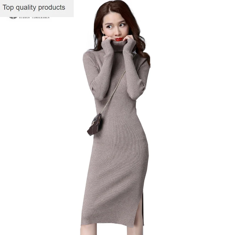 Autumn 2023 Spring Women Sexy Sheath Dresses Turtleneck Pure Color Elastic Knitwear Female New Pure Color Knitted Dress OK1376