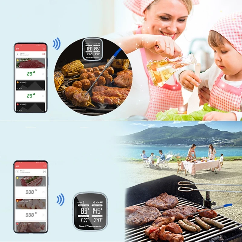 

Cooking Bluetooth Wireless Meat BBQ Thermometer With 6 Probes Alarm Timer Free APP for -iOS & -Android Smart Phone