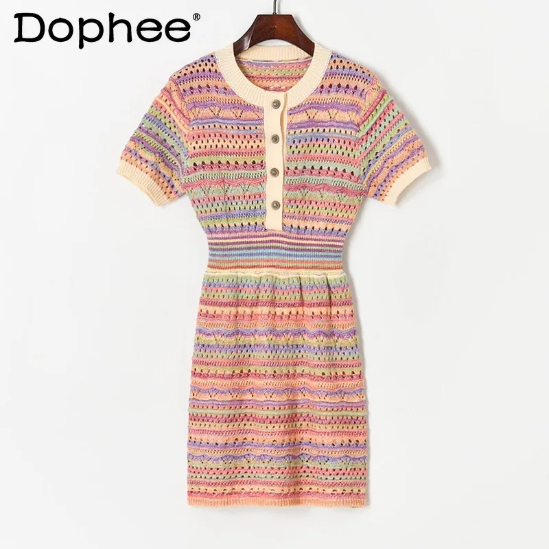 

Женское трикотажное мини-платье, ажурное приталенное платье контрастных цветов, с круглым вырезом, пуговицами и коротким рукавом, в стиле р...