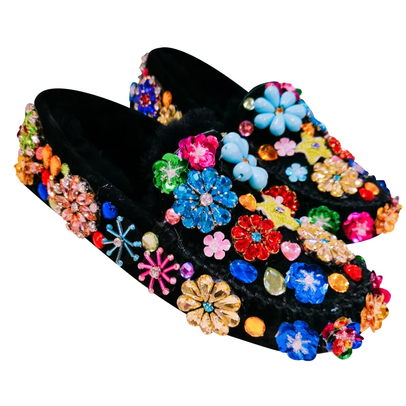 

Hot Sale Womens Rhinestones Crystal Rainbow Colors Loafers Fur Furry Flats 3D Flowers Slip On Warm Winter Snow Shoes Luxury DIY