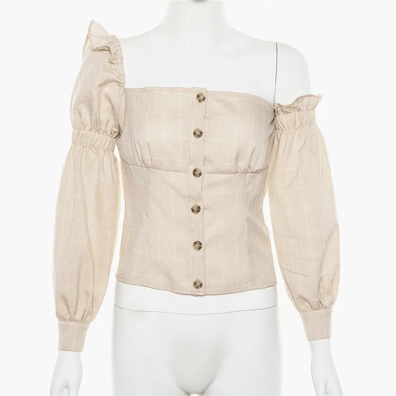 

ISAROSE Female Plaid Blouse Asymmetrical Shoulder Lantern Sleeve Short Tops Single Row Buttons Top Women High Street Clothes