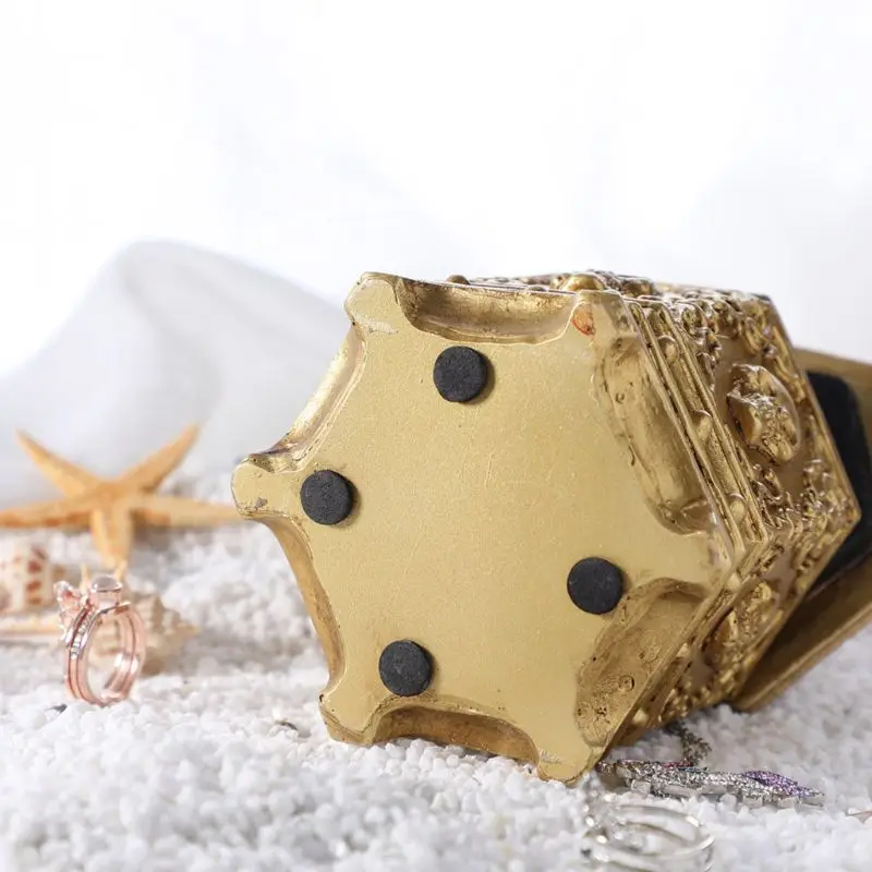 

Vintage Skeleton Skull Jewelry Box Hexagon Necklace Ring Chain Case with Dust Cover Desktop Home Decoration