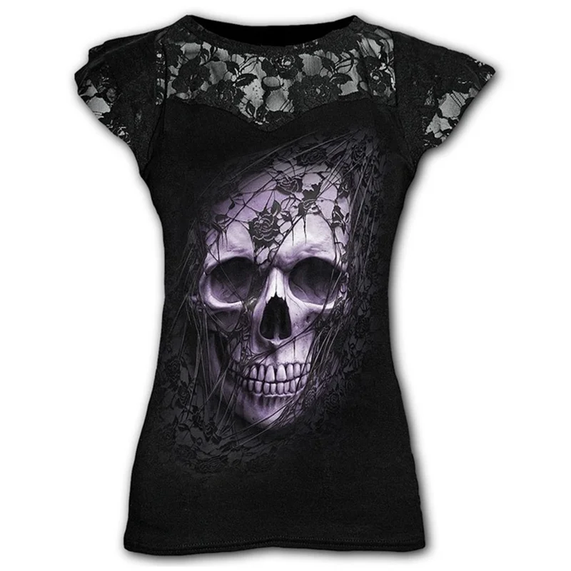 Goth Y2k Graphic T Shirts for Women Gothic Plus Size Clothing Black Grunge Punk Tees Ladies Lace Short Sleeve Tops Summer Tshirt