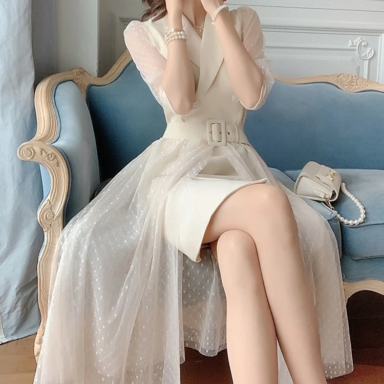 

Suit skirt female summer light luxury design sense skirt temperament Yujie Fan mesh two-piece dress Bohemian A-LINE
