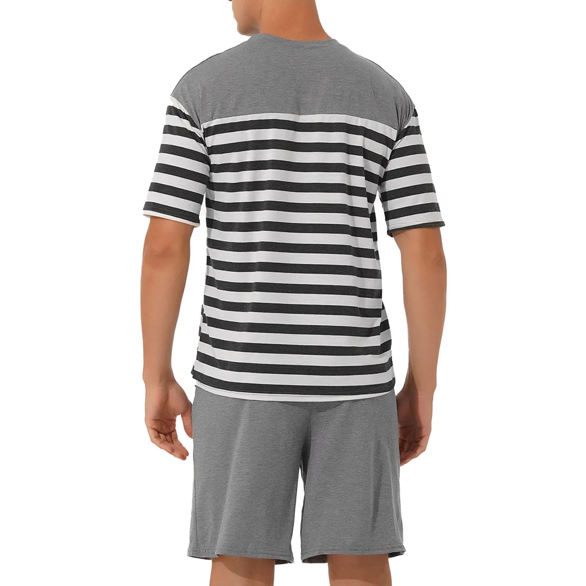 Men's Short Sleeve T-Shirt Pajama Set Stripe with Pockets Sleepwear Casual  Loungewear Home Wear
