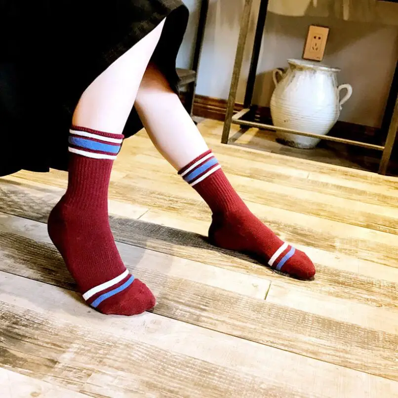 Woman Solid Cotton Socks Striped Cuff Girls Stripes White Sport Socks Warm Thick Winter Short Sock Ankle Socks 5 Pairs/ lot