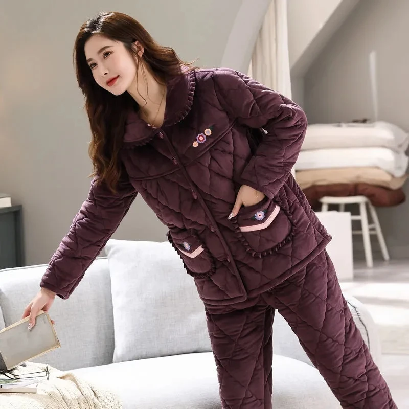 Pajamas Women Winter Warm Suits Coral Fleece Three-Layer Quilted Middle-Aged Mothers Thickened Flannel Warm Jacket Home Service