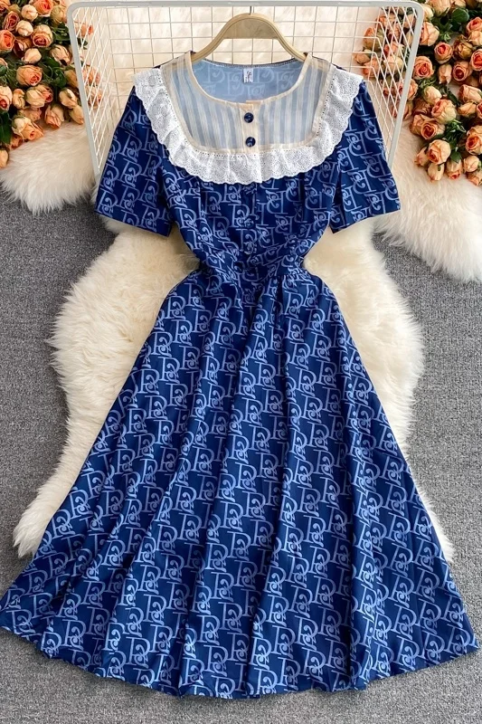 

2021 Summer Fashion Age Reduce Long Dress Girls Round Neck Temperament Printed Big Swing Pleated Dress