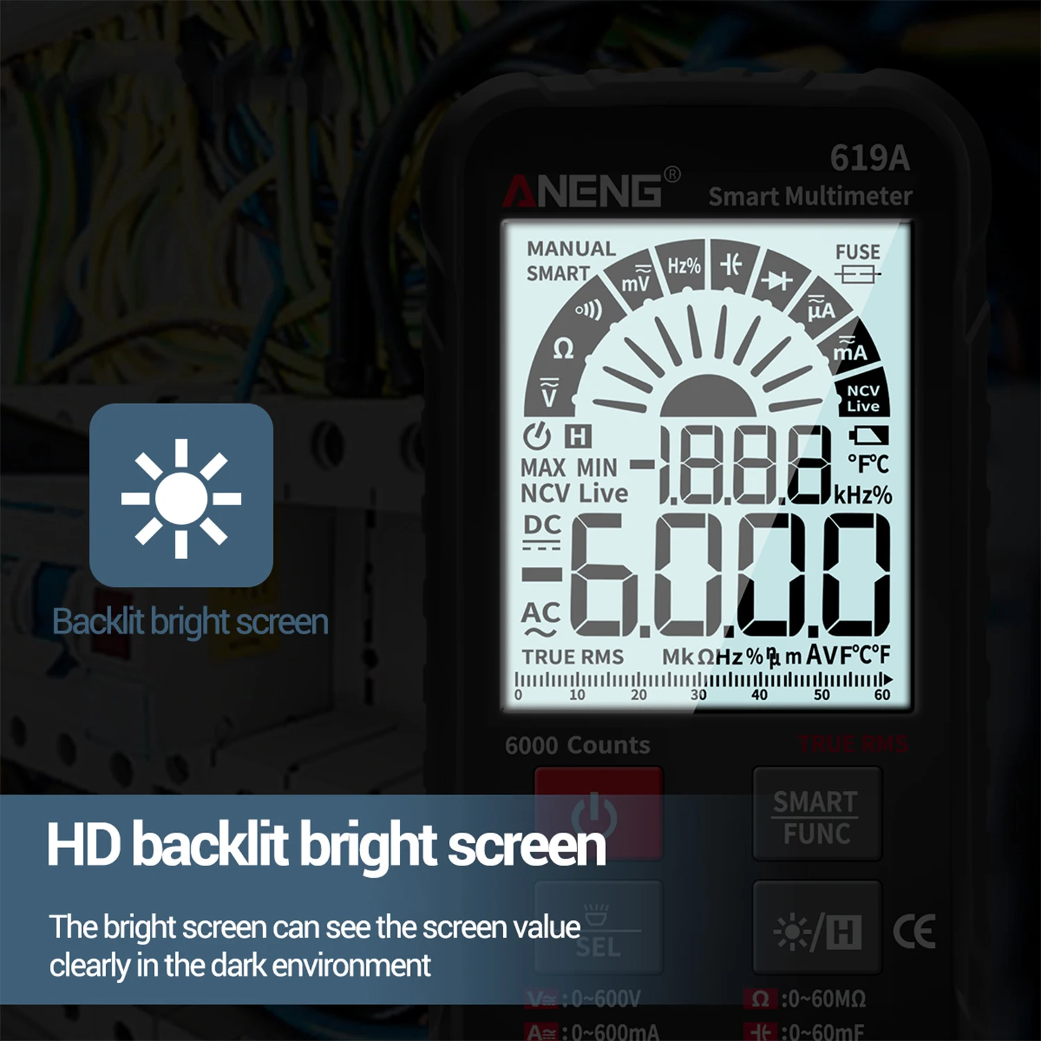 

ANENG 619A 6000 Counts Digital Multimeter True RMS Tester AC/DC Voltage&Current Resistance Capacitance Continuity Diode NCV Test