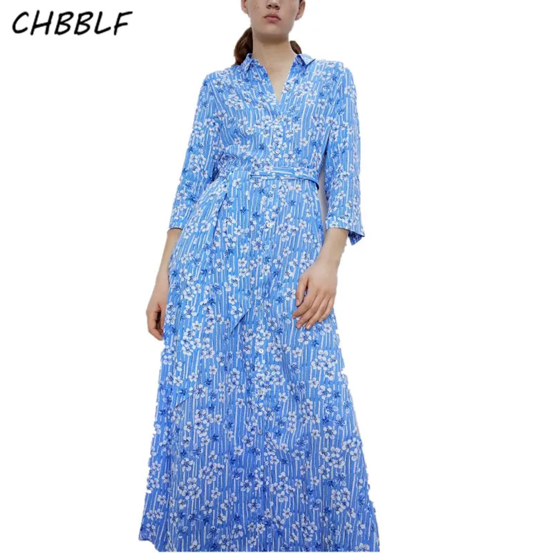 

CHBBLF women retro floral print shirt dress bow tie sashes three quarter sleeve dress office wear long dresses O9574