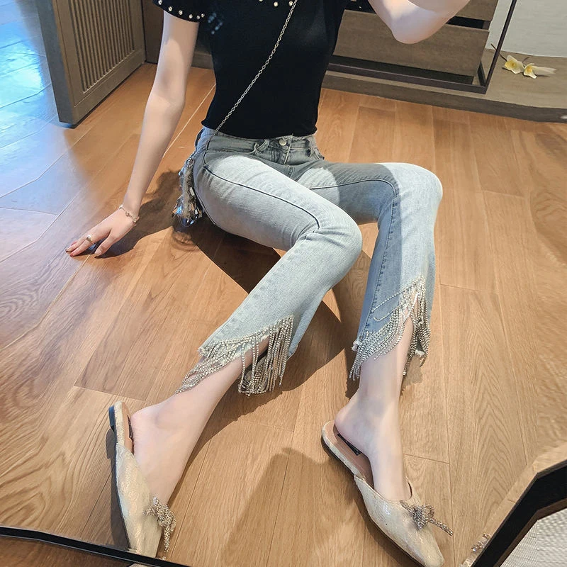 Women Jeans With Beads Tassel Rhinestones Vintage Skinny High Waist Stretchy Petite Ankle Elastic Denim Pants | Женская одежда