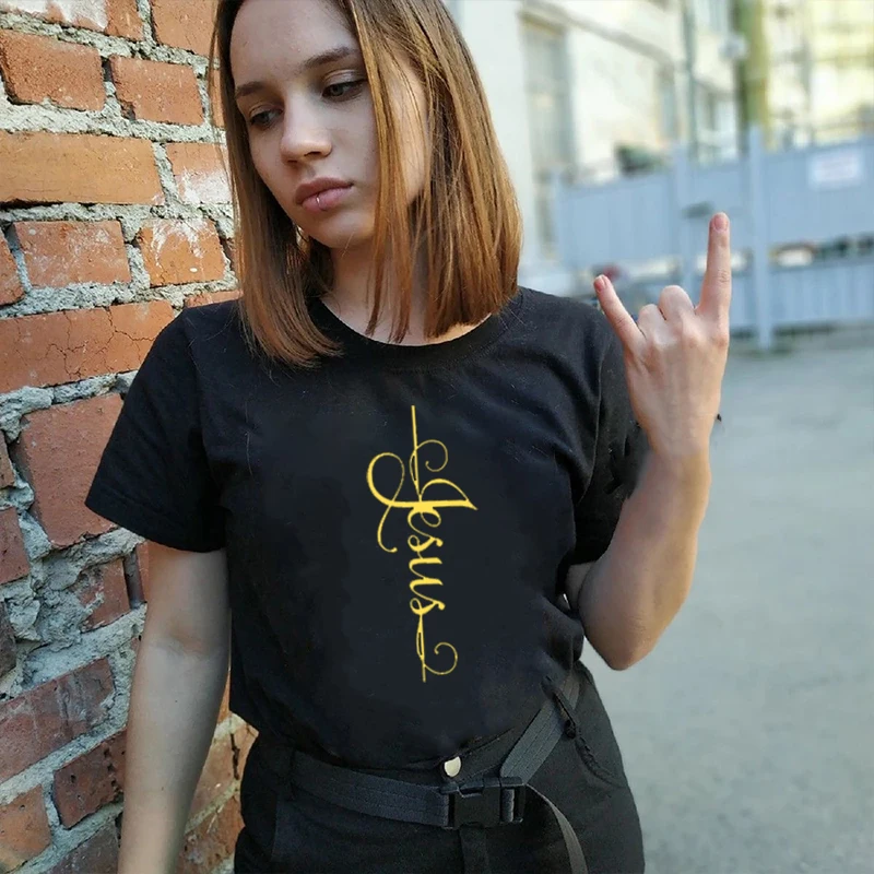 

2021 New Style Jesus Cross Letter Print Women T-shirts Summer Aesthetic Christian Harajuku Graphic Female Casual Cotton Tees