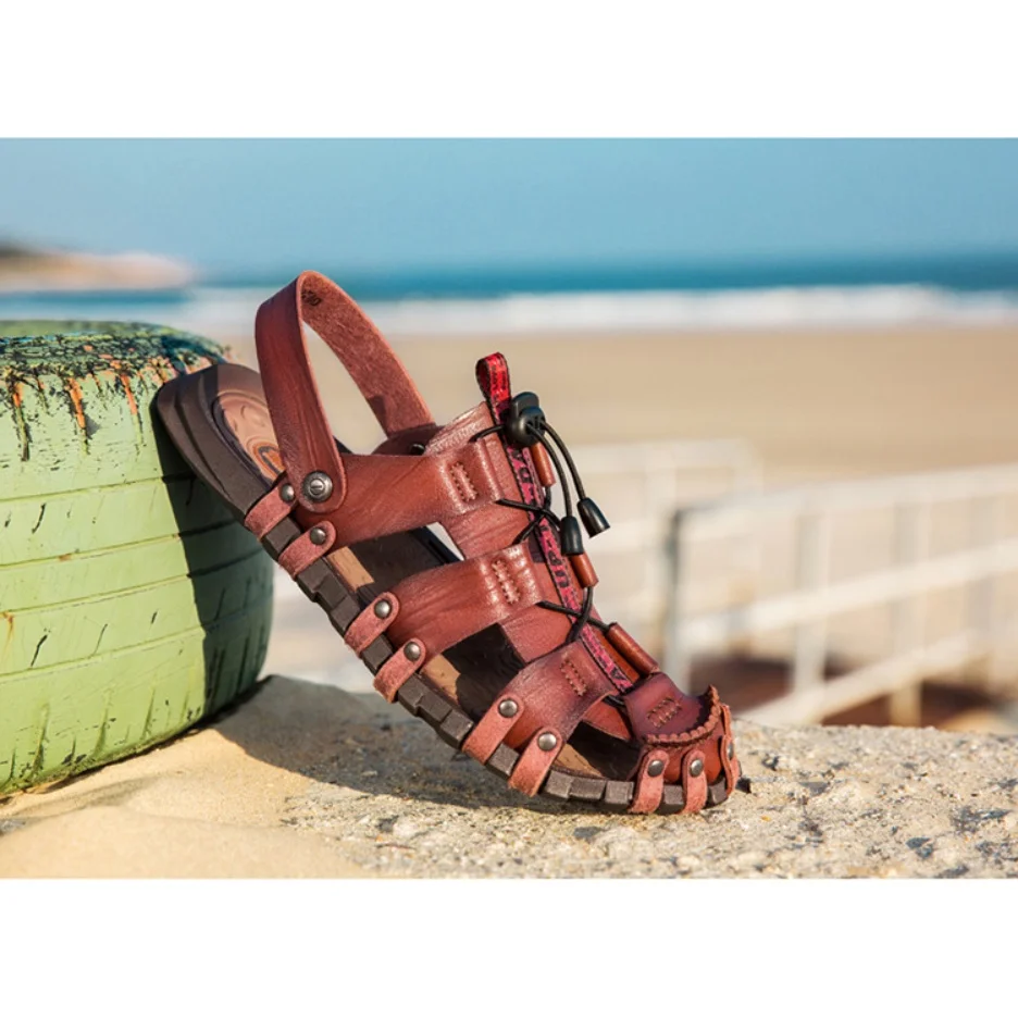 ☆ Самая низкая цена гарантирует мужские уличные сандалии кожаные пляжные