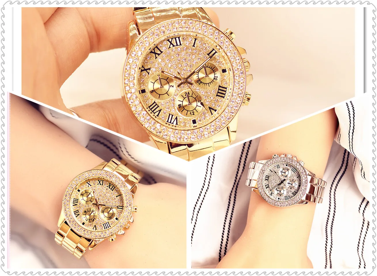 

three-eye big dial Tuhao jin female watch cool steel belt male watch full of star water drill watch luxury fashion women watches