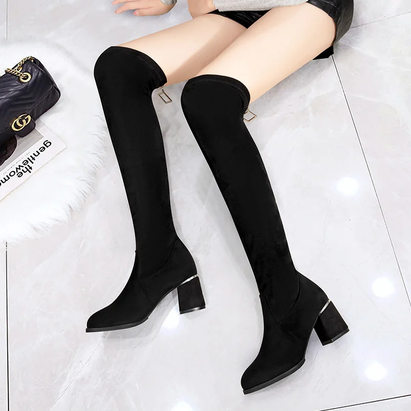Женские эластичные сапоги до колена новые модные на высоком каблуке корейский