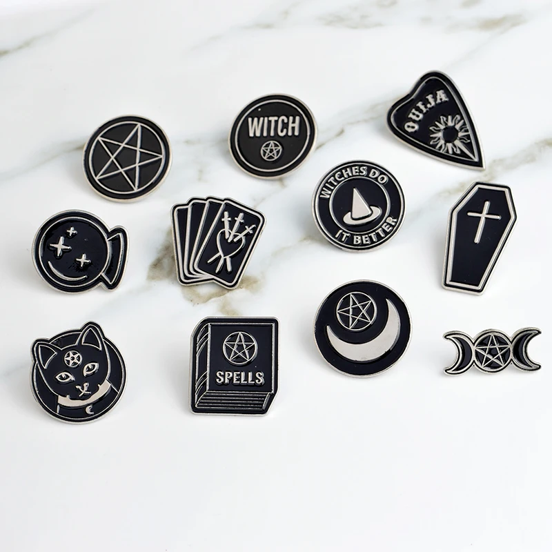 

Handmade Enamel Pins Witch Ouija Moon Tarot BooK New Goth Style Lapel Pin Badge Jewelry Gifts Brooches for Women Men Wholesale