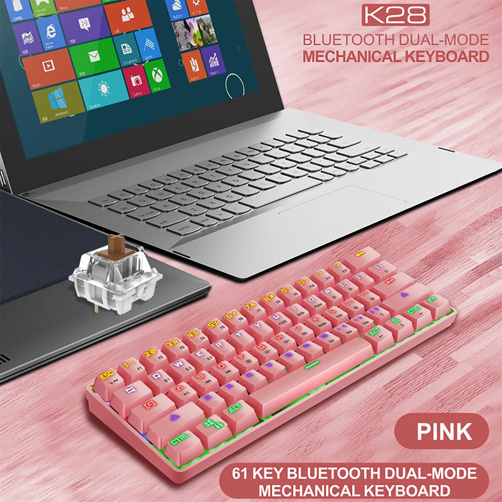 

K28 Wireless Bluetooth 61-key Dual-mode Rgb Backlit Waterproof Mechanical Gaming Keyboard Entertainment For Desktop Pc Gamer